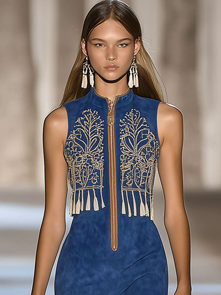 【24-hour shipping out】Vintage Bohemian Suede Embroidered Zipper Tassel Sleeveless Mini Dress