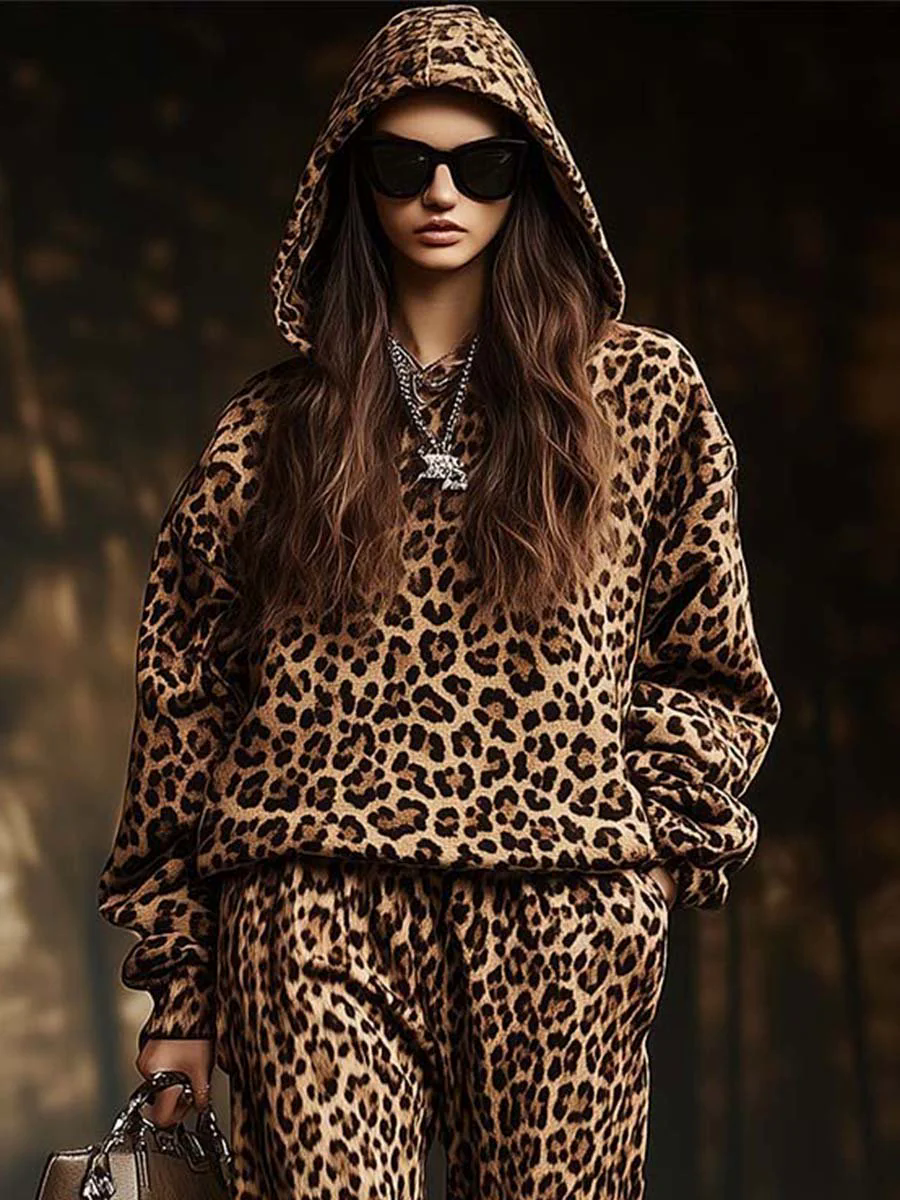 【24-hour shipping out】Fashion Retro Casual Hooded Leopard Print Sweatshirt and Pants Two-piece Set