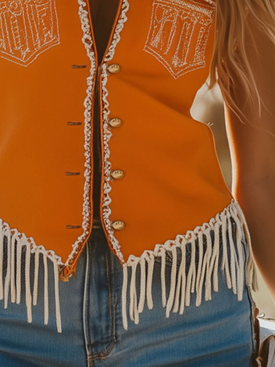 Western Retro Orange Cotton Fringe Pocket Vest