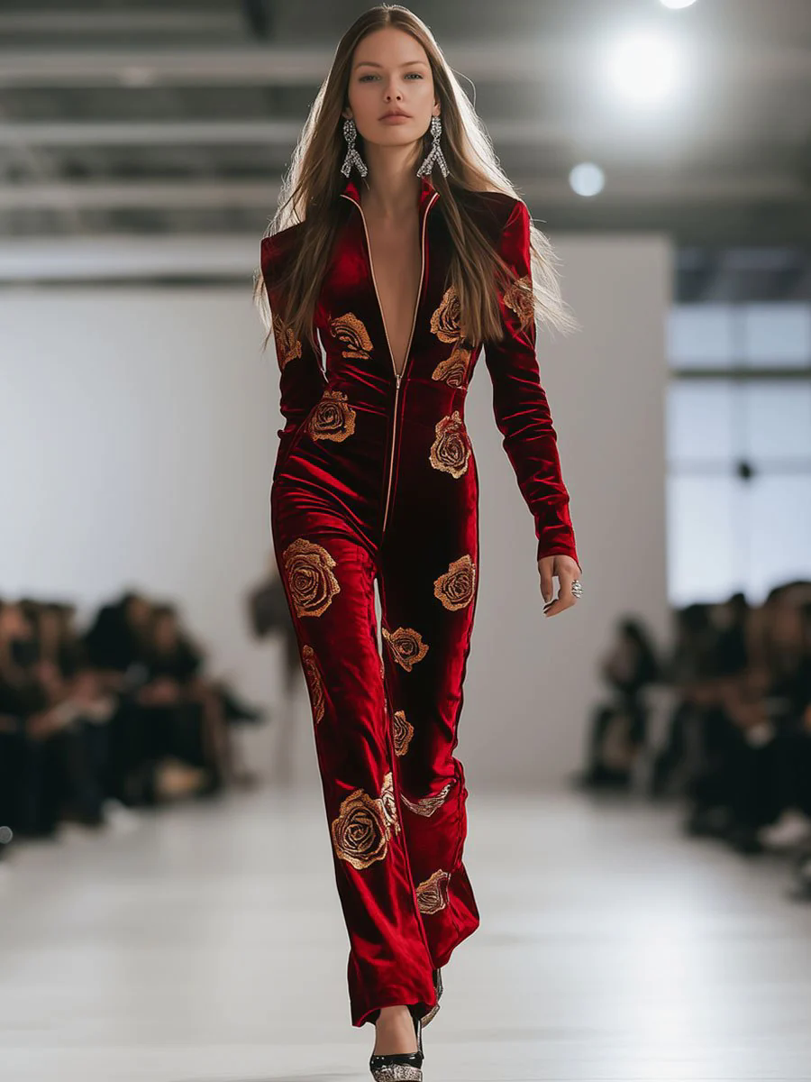 【24-hour shipping out】Casual Loose Retro Red Velvet Gold Rose Printed Zipper Long Sleeve Jumpsuit