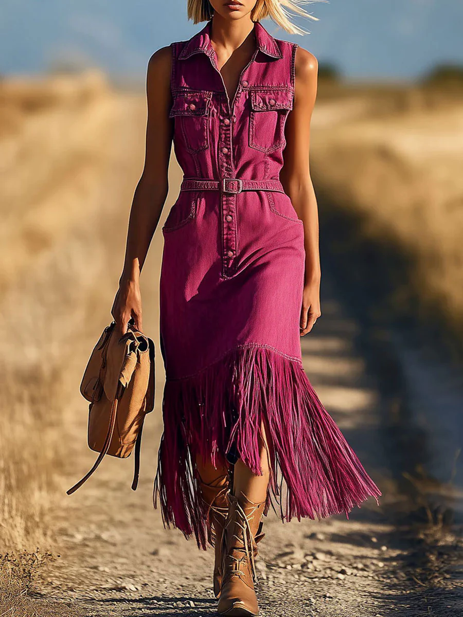 【24-hour shipping out】Casual Retro Fuchsia Denim Sleeveless Shirt Tassel Lace-up Midi Dress
