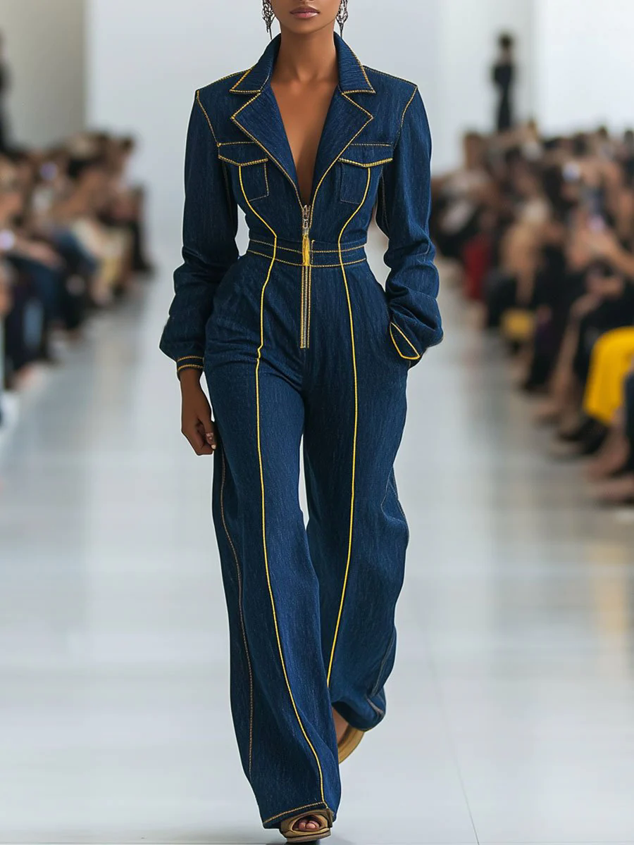 【24-hour shipping out】Casual Retro Contrast Color Line Long Sleeve Denim Wide Leg Jumpsuit