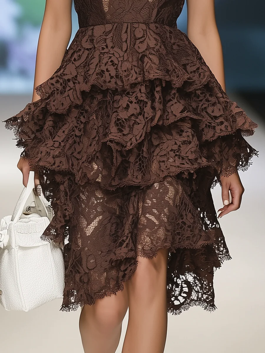 Elegant Vintage Dark Brown Lace Suspender Ruffle Mini Dress