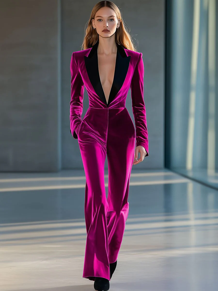 【24-hour shipping out】Casual Fashion Retro Velvet Colorblock Lapel Long Sleeve Flared Jumpsuit