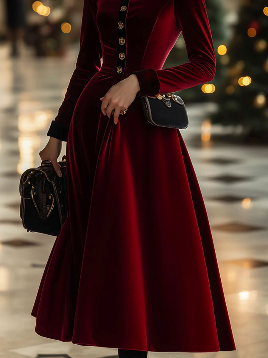 【24-hour shipping out】Fashion Retro Ankola Red Velvet Single-Breasted Long-Sleeved Midi Dress