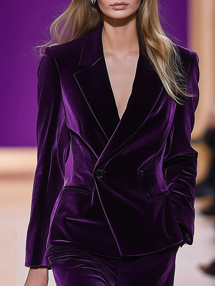 【24-hour shipping out】High-End Temperament Loose Retro Purple Velvet Suit