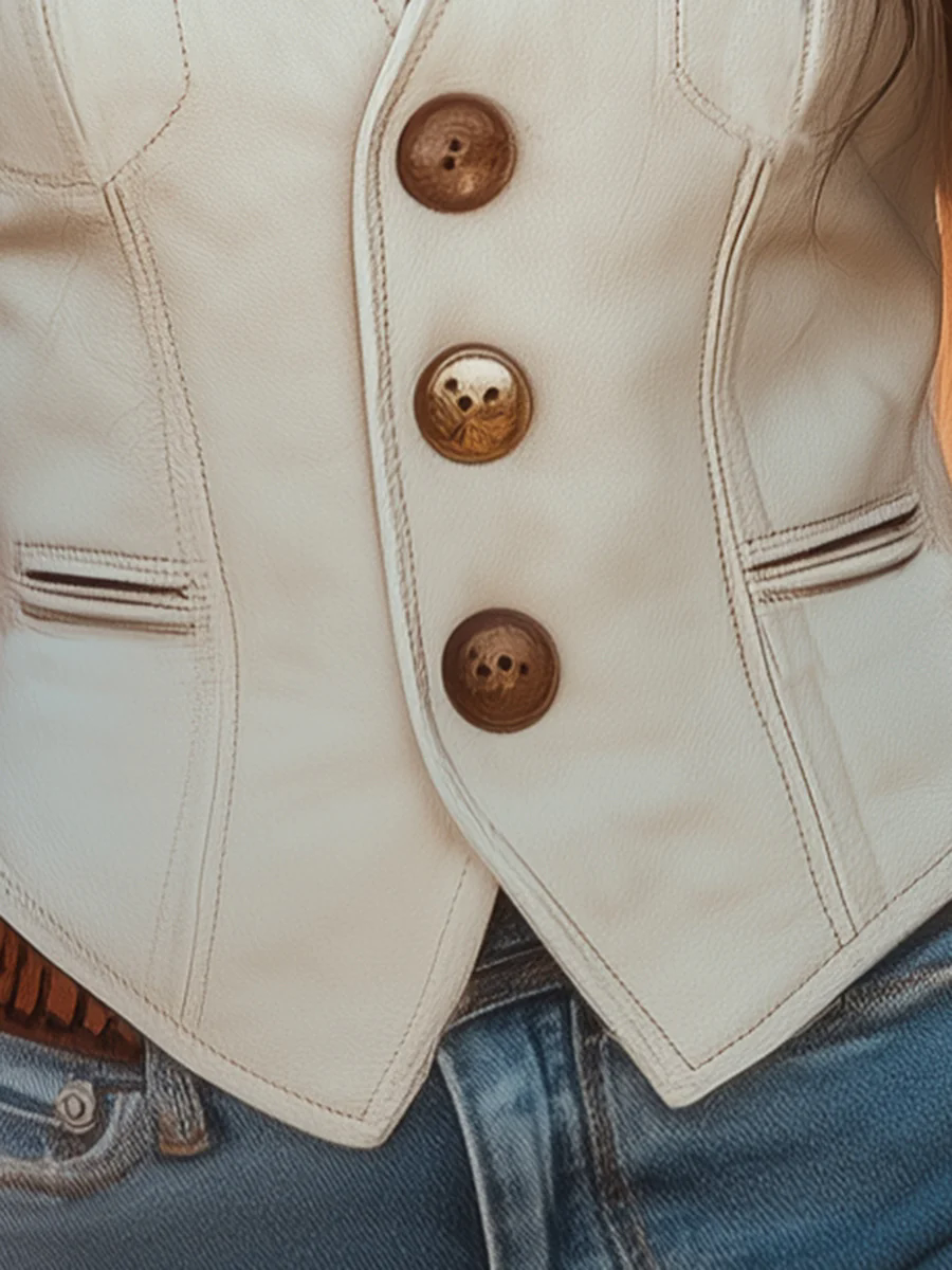 Premium Western Style Gold Button White Suede Vest