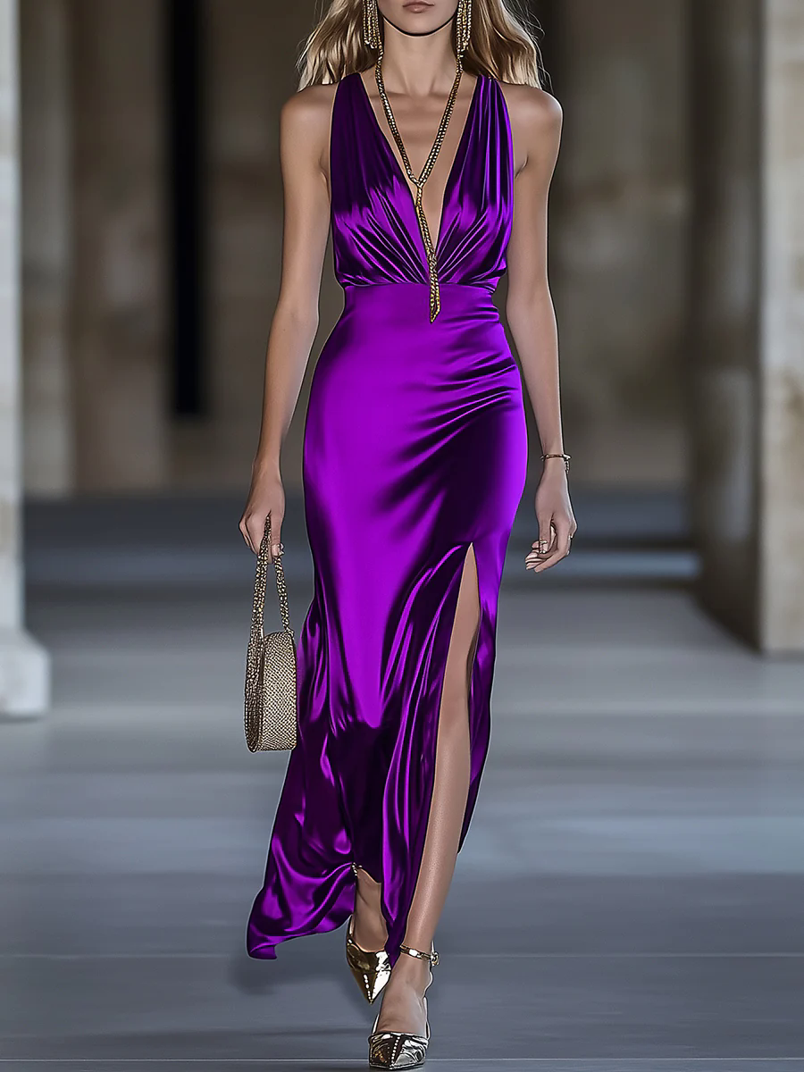 Women's Purple Glossy Satin Textured Pleated Dress