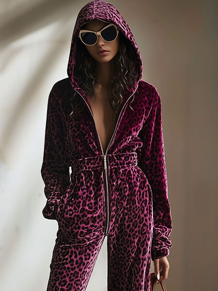 【24-hour shipping out】Casual Retro Purple Velvet Leopard Print Elastic Waist Zipper Hooded Jumpsuit