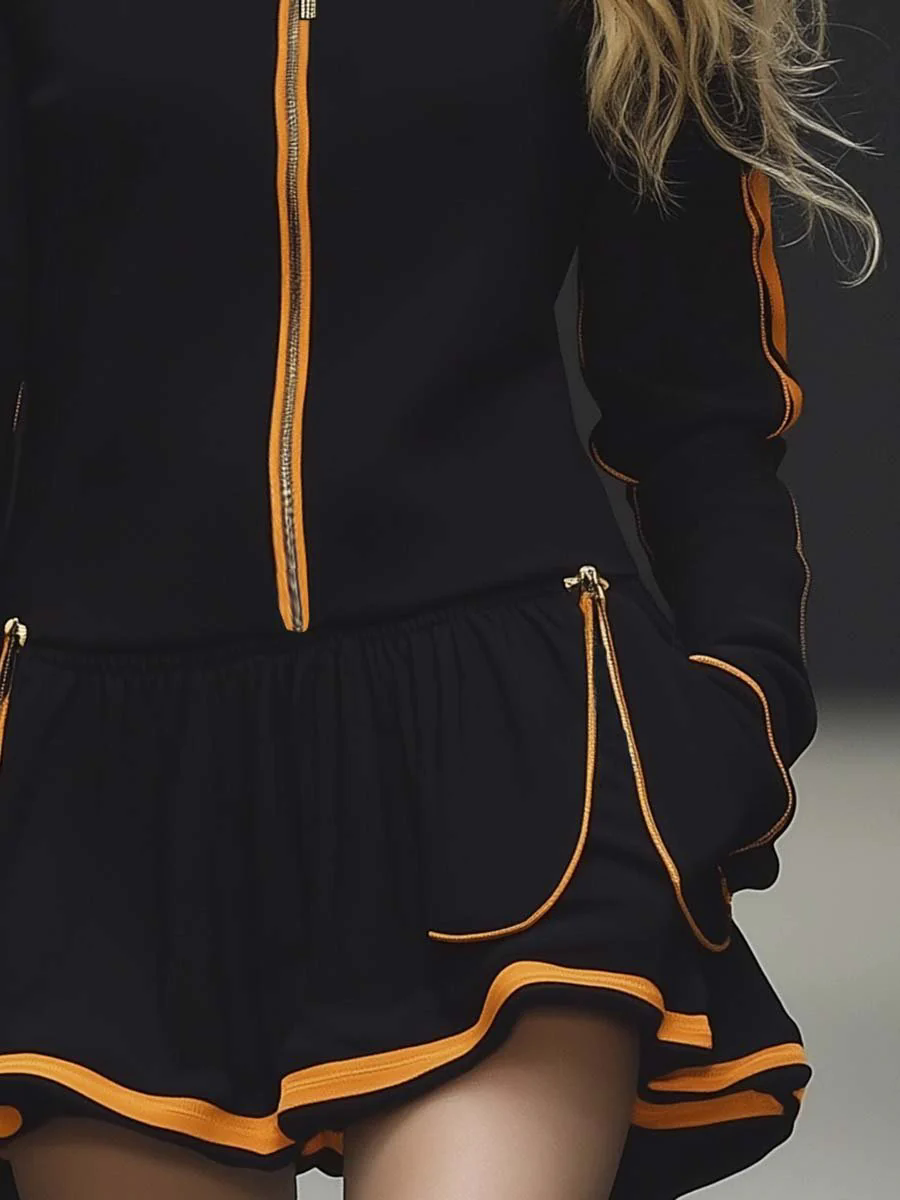 【24-hour shipping out】Elegant Sporty Yellow Trim Black Sweatshirt Style Mini Dress