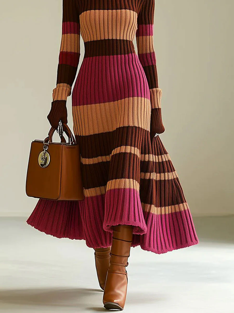 【24-hour shipping out】Fashion Loose Retro Color Striped Knitted Turtleneck Midi Dress
