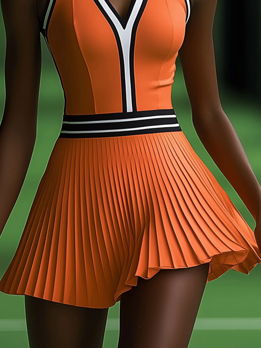 【24-hour shipping out】Fashionable Sports Black And White Trim Orange Sleeveless Pleated Mini Dress