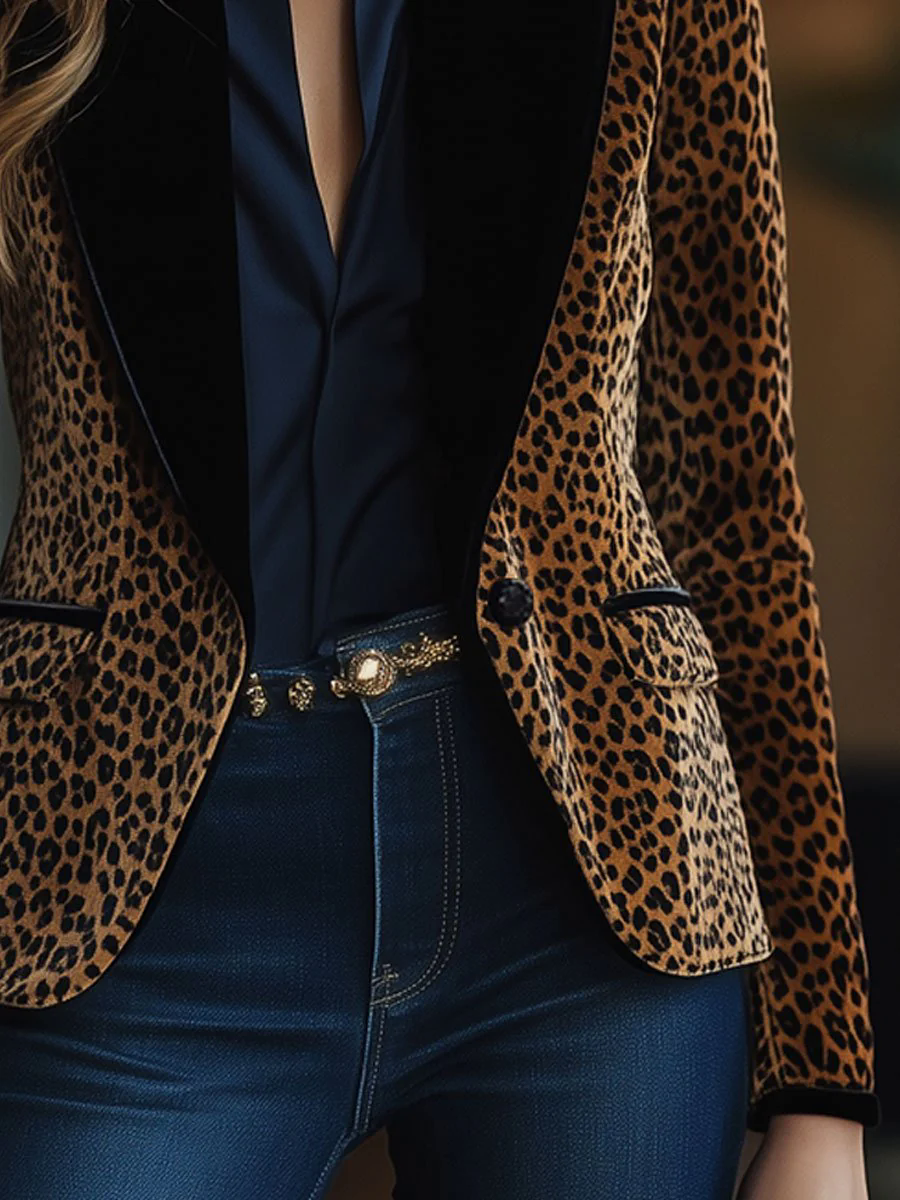 【24-hour shipping out】Casual Retro Leopard Print Colorblock Lapel Pocket Blazer