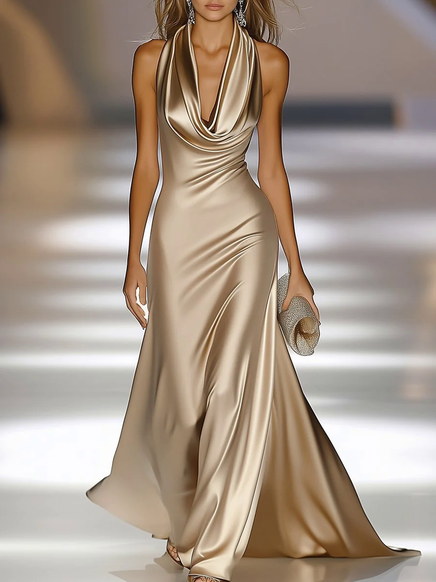 【24-hour shipping out】Elegant and Luxurious Cowl-neck Champagne Gold Satin Maxi Dress