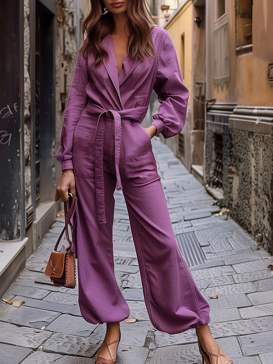 【24-hour shipping out】Casual Loose Belted Pocket Purple Denim Long Sleeve Jumpsuit