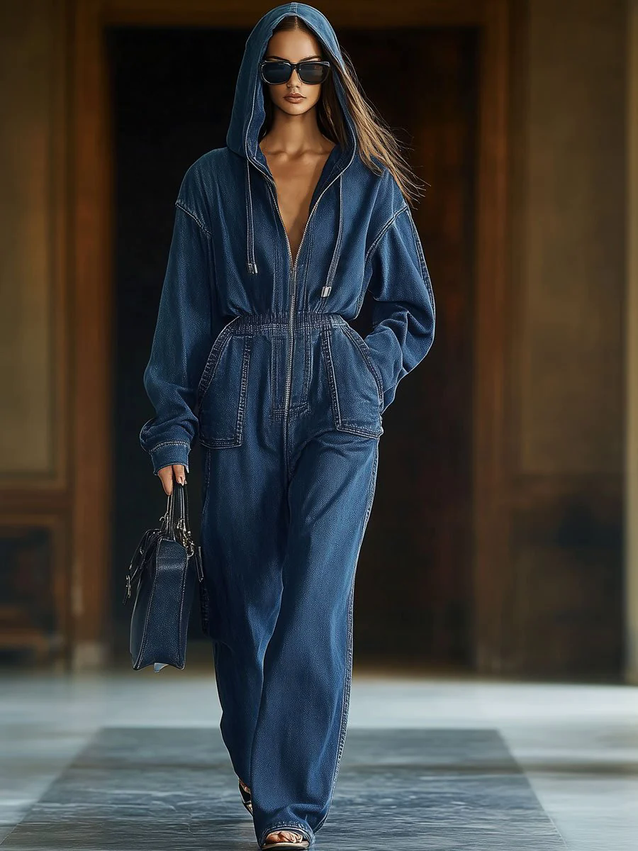 【24-hour shipping out】Casual Loose Retro Elastic Waist Zipper Long Sleeve Hooded Denim Jumpsuit