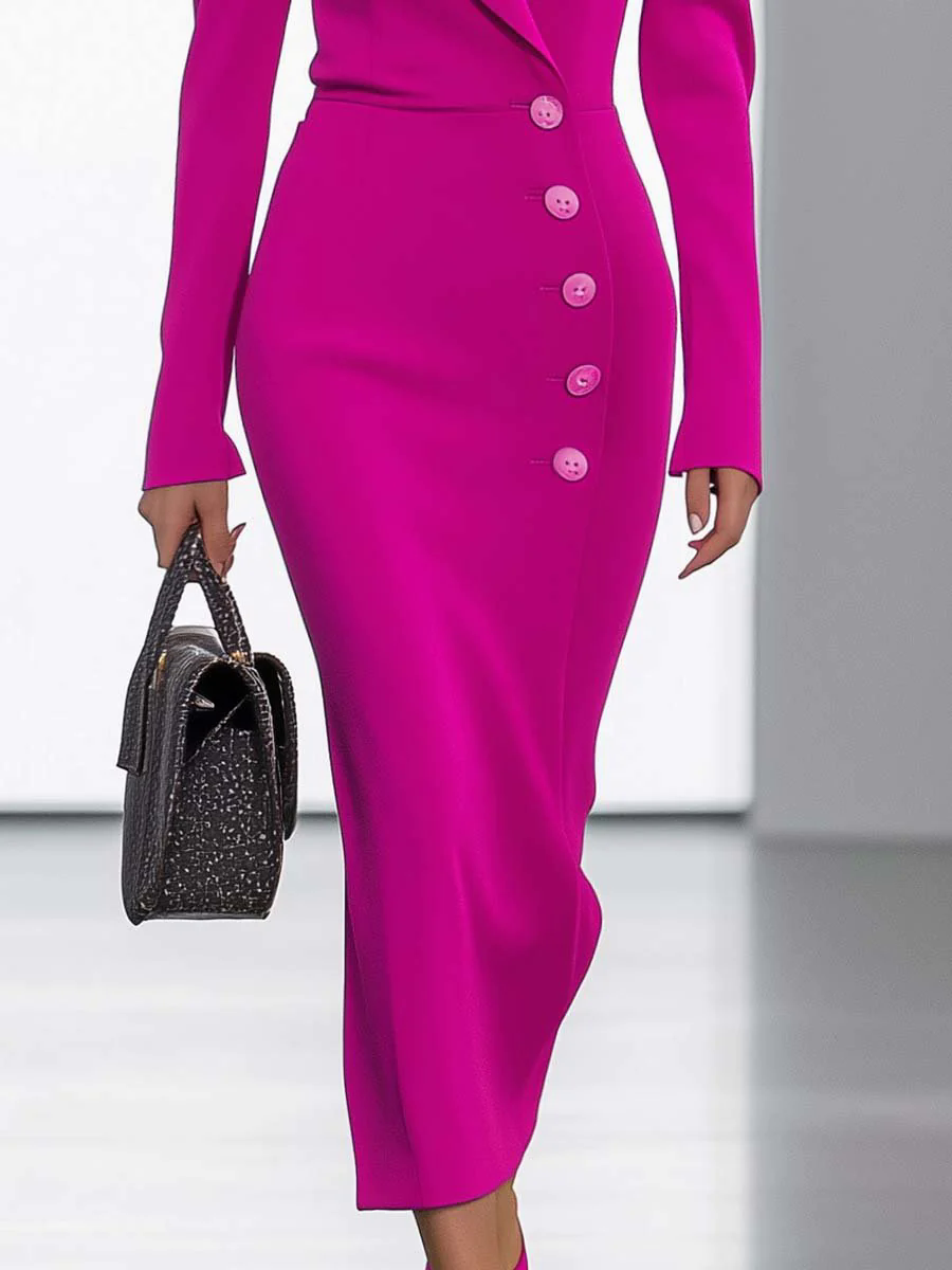 【24-hour shipping out】Elegant and Fashionable V-neck Puff Sleeve Bright Pink Slim Fit Midi Dress