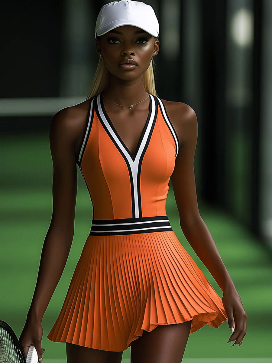 【24-hour shipping out】Fashionable Sports Black And White Trim Orange Sleeveless Pleated Mini Dress