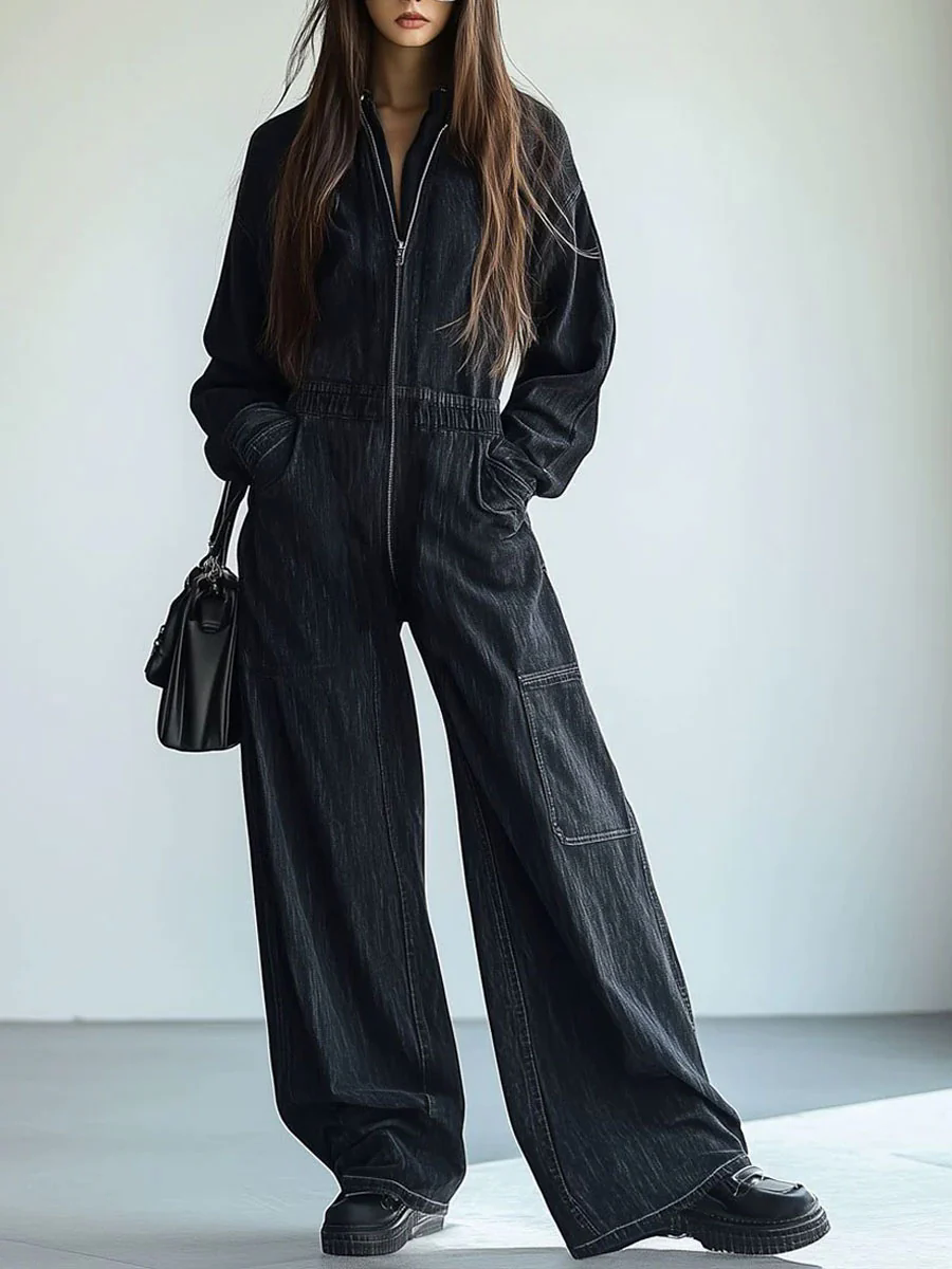 【24-hour shipping out】Casual Loose Retro Denim Zipper Elastic Waist Lapel Long Sleeve Jumpsuit