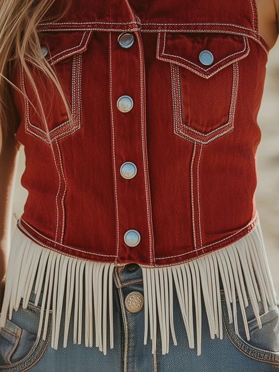 Vintage Casual Red Denim Button Tassel Vest