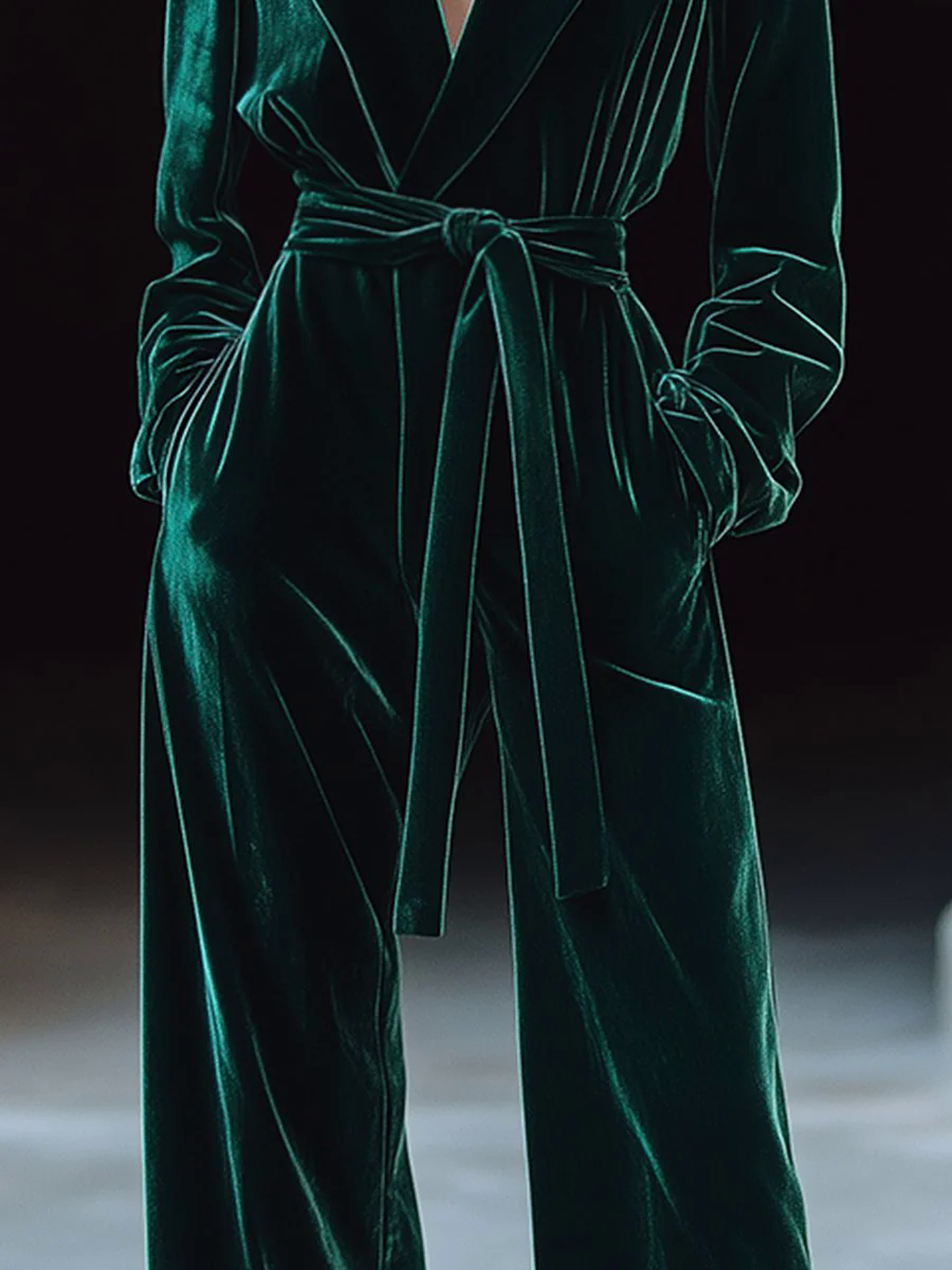 【24-hour shipping out】Retro Fashion Lapel Tie Pocket Velvet Jumpsuit