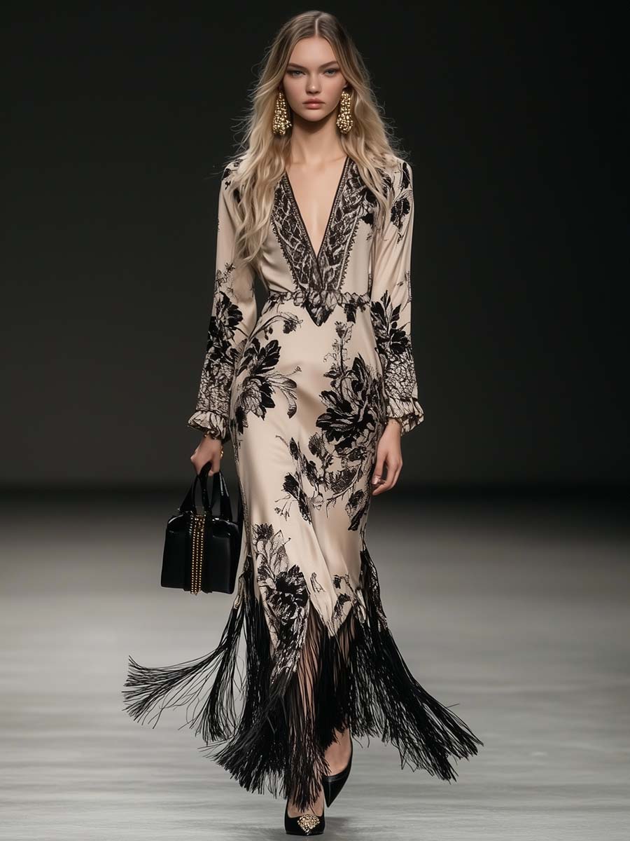 【24-hour shipping out】Elegant Bohemian Style V-neck Tassel Floral Print Beige Satin Maxi Dress