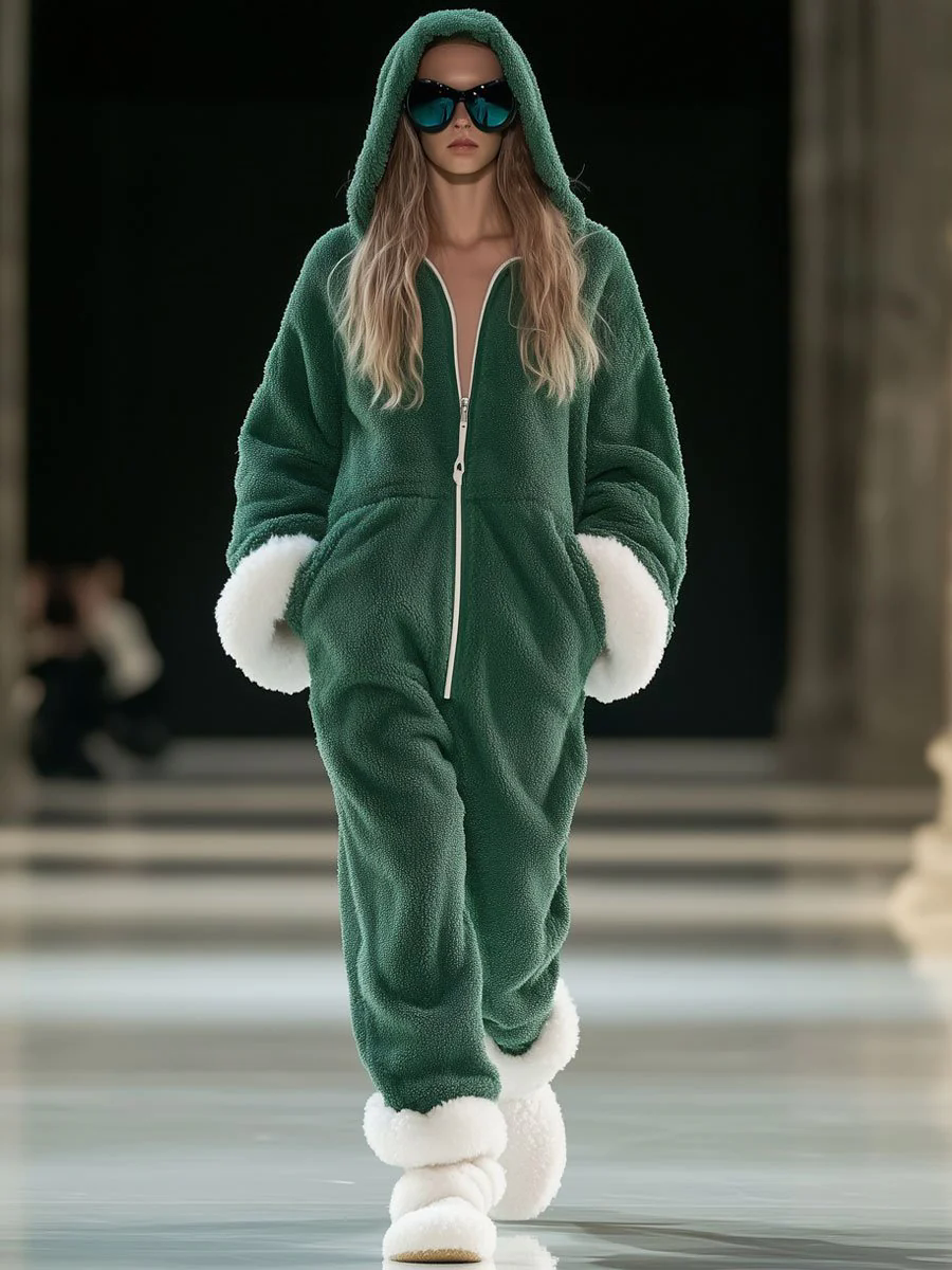 【24-hour shipping out】Casual Loose Green and White Polar Fleece Splicing Zipper Hooded Jumpsuit