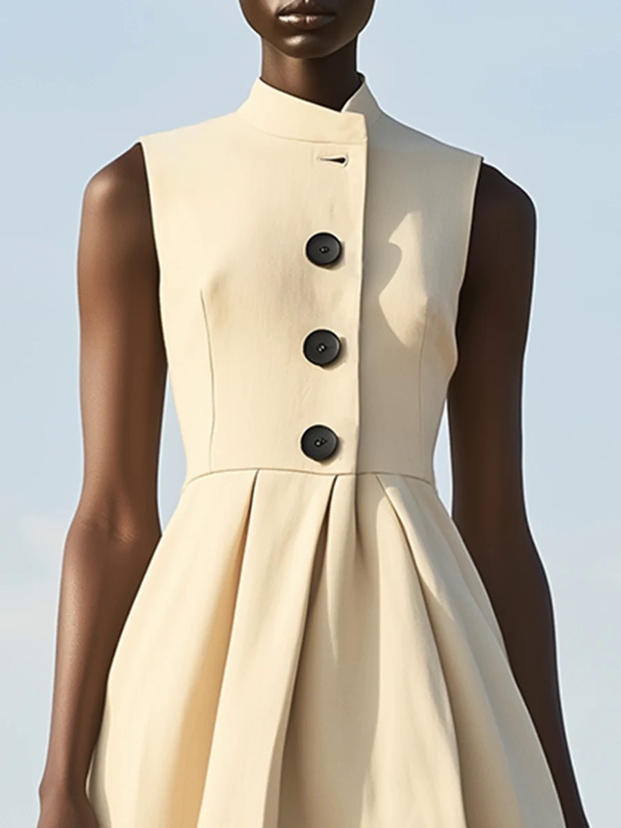 【24-hour shipping out】Elegant and Simple Black Button Stand Collar Sleeveless Maxi Dress