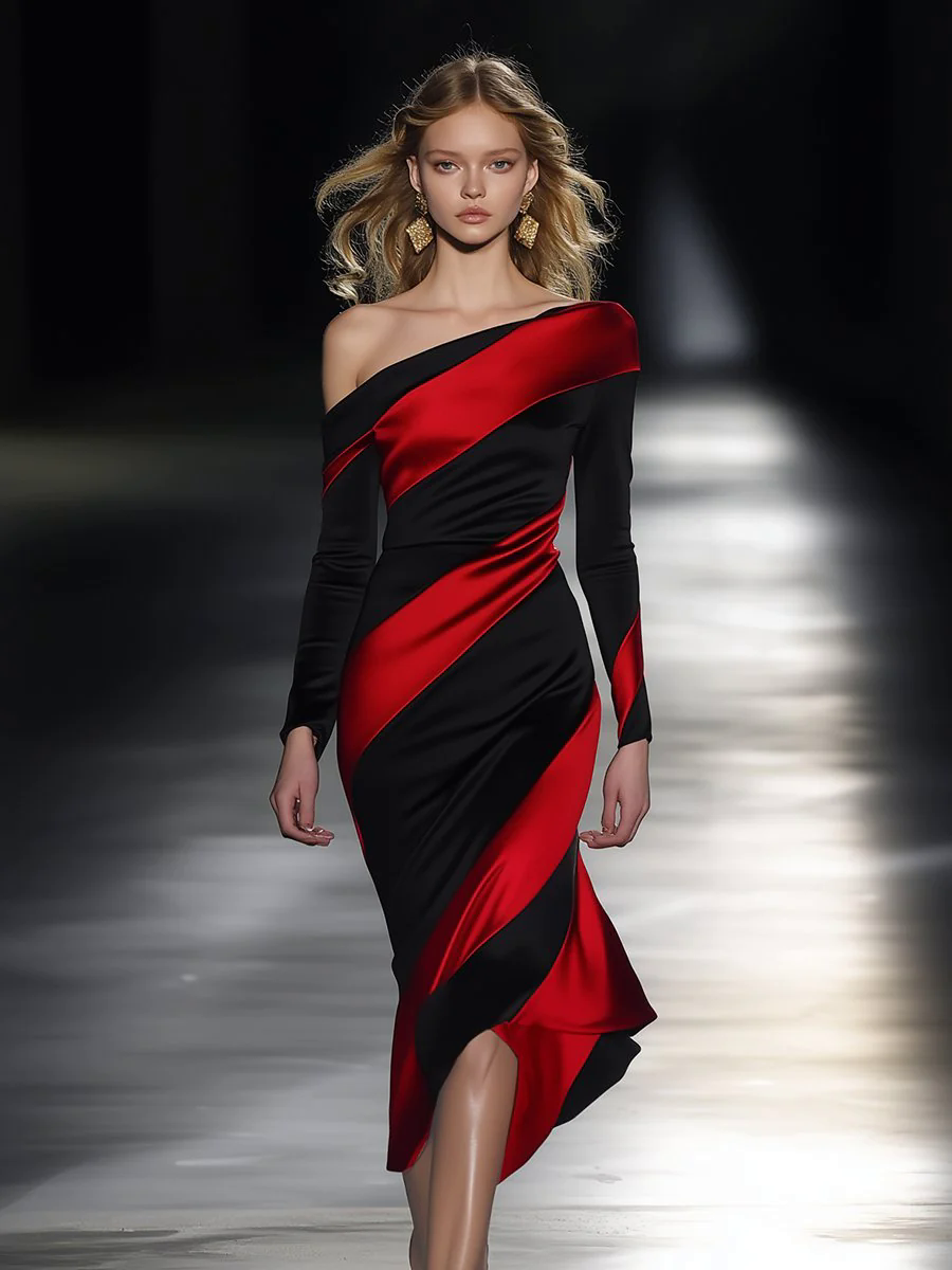 【24-hour shipping out】Elegant and Personalized Off-shoulder Black and Red Oblique Contrast Midi Dress