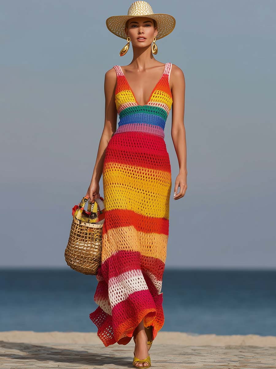 Retro Fashion V-Neck Colorful Striped Hollow Knitted Maxi Dress