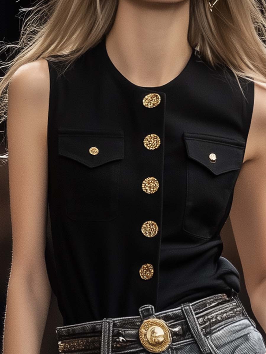 Classic Casual Round Neck Metal Front Buckle Black Satin Vest