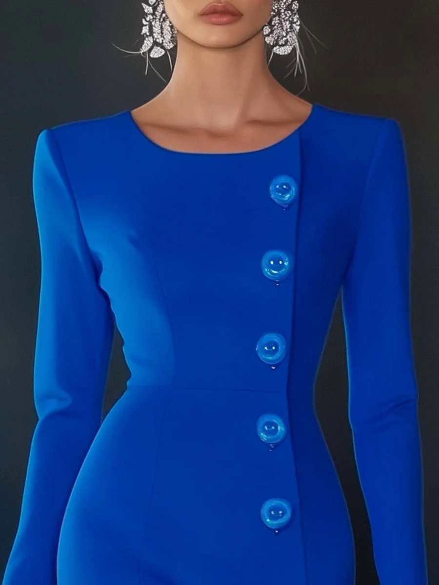 【24-hour shipping out】Elegant and Simple Round Neck Button Decoration Blue Midi Dress