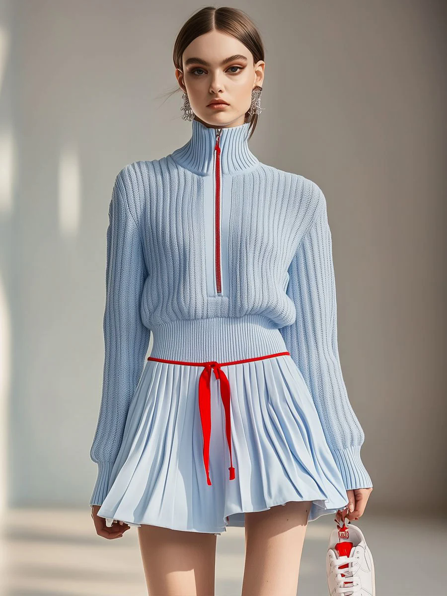 【24-hour shipping out】Casual Fashion Stand Collar Zipper Knitted Sweater Culotte Sports Set