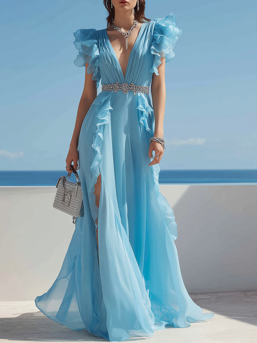 Women's Blue V-neck Ruffled Sleeves Hem Side Slit Chiffon Dress