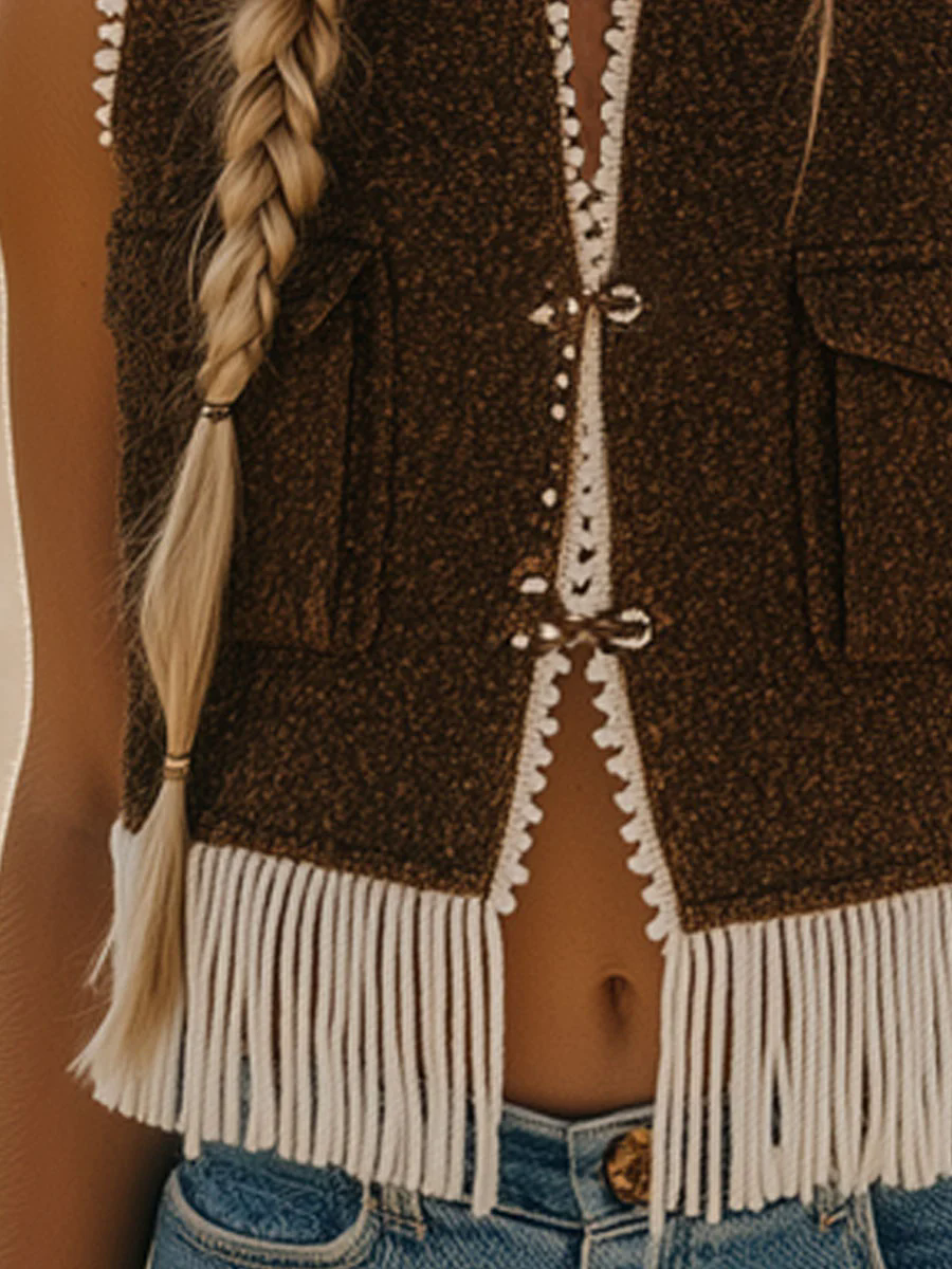 Vintage Casual Brown Floral Lace Pocket Tassel Vest