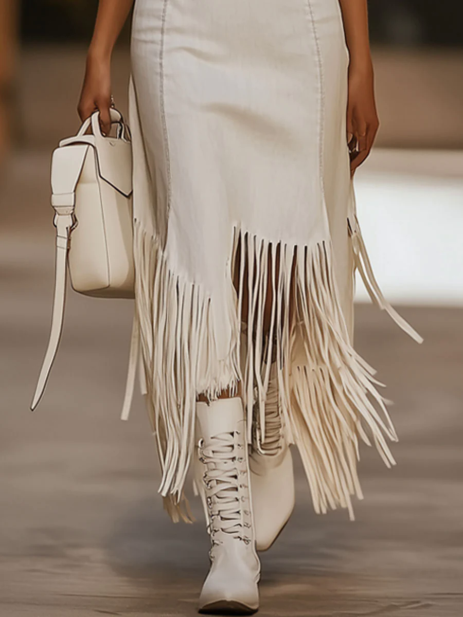 【24-hour shipping out】Casual Vintage Brown Embroidery White Denim Sleeveless Tassel Midi Dress