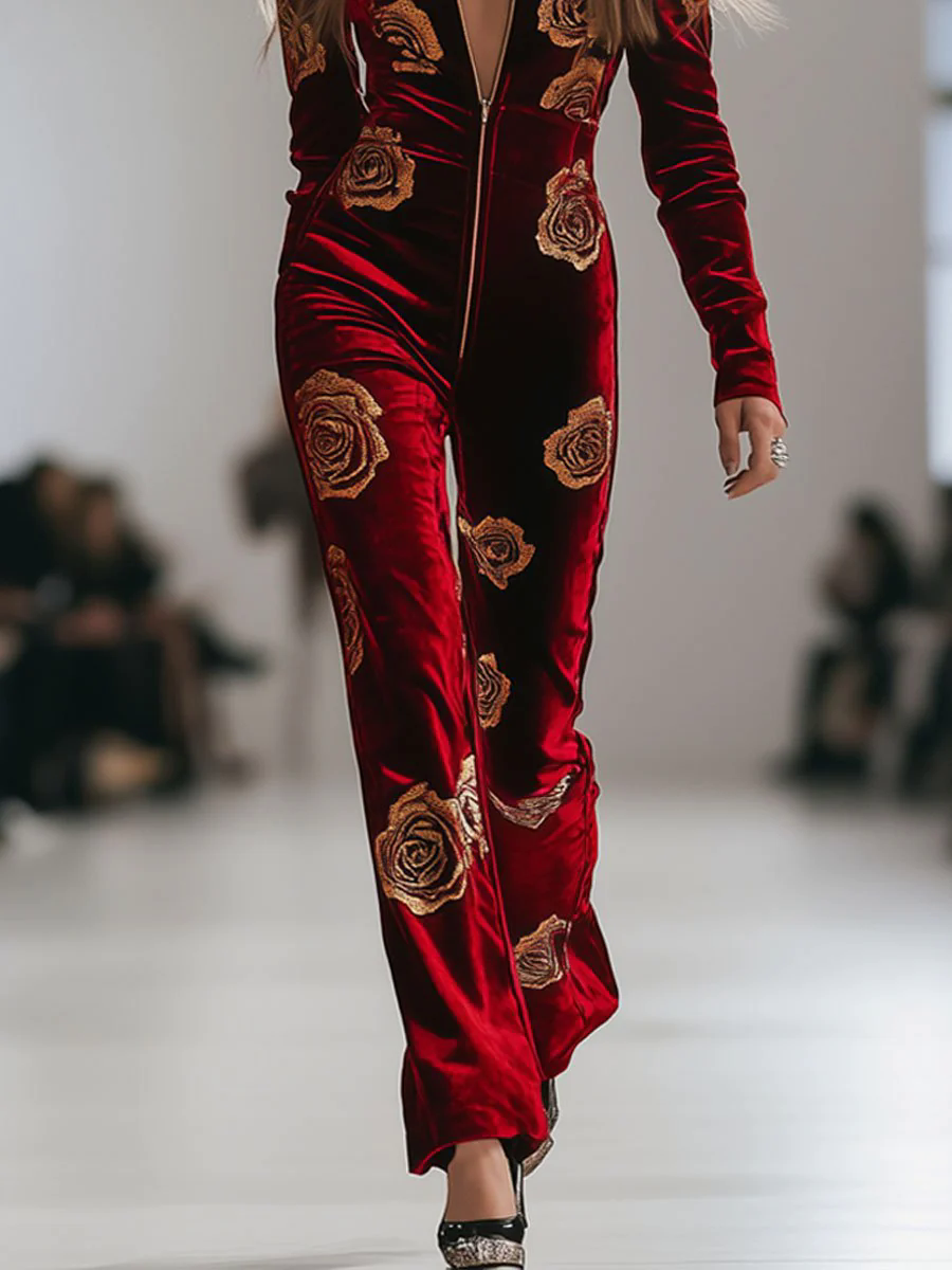 【24-hour shipping out】Casual Loose Retro Red Velvet Gold Rose Printed Zipper Long Sleeve Jumpsuit