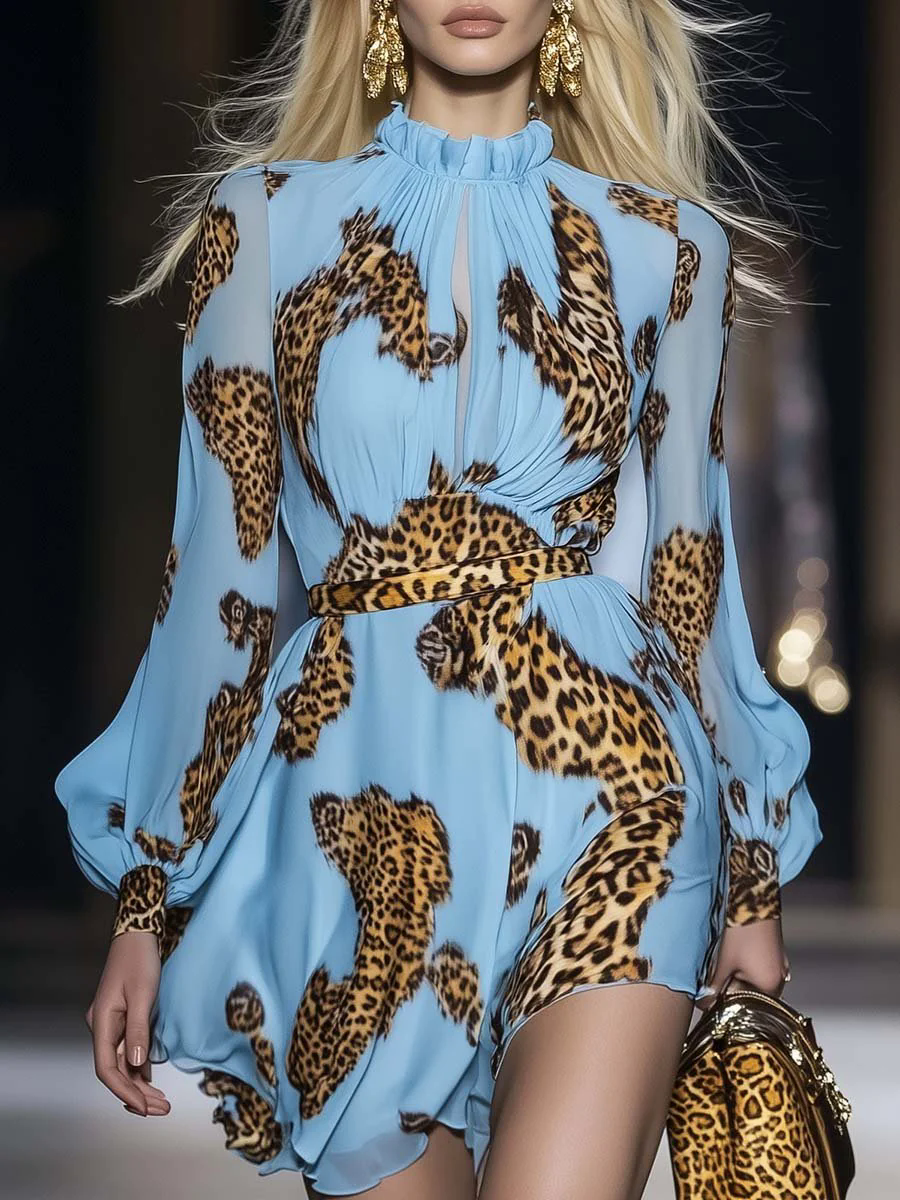 【24-hour shipping out】Elegant Personality Leopard Print Sky Blue Chiffon Mini Dress