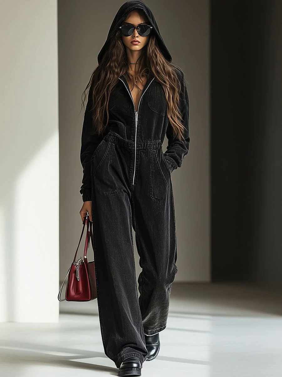 【24-hour shipping out】Casual Loose Vintage Denim Elastic Waist Zipper Hooded Jumpsuit
