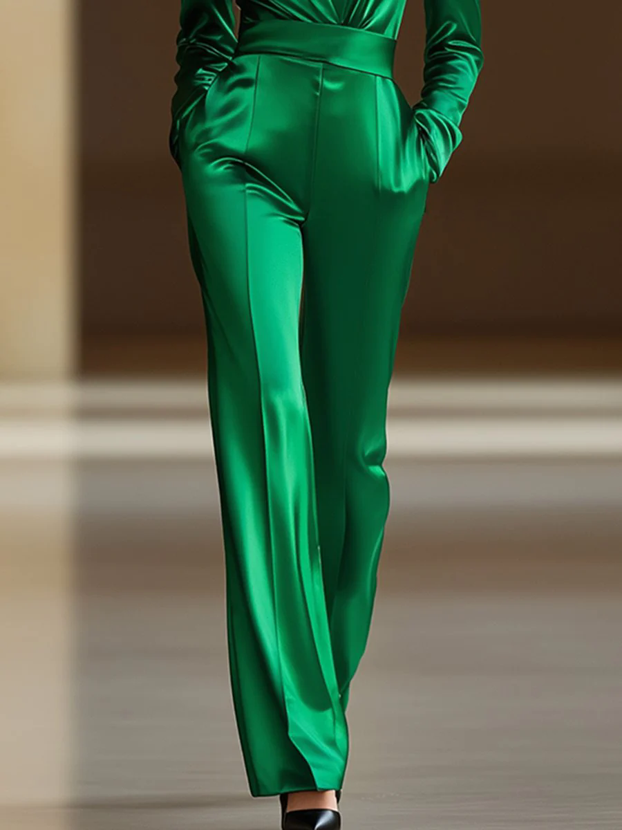 【24-hour shipping out】Retro Fashion Loose V-neck Green Satin Wide-leg Jumpsuit