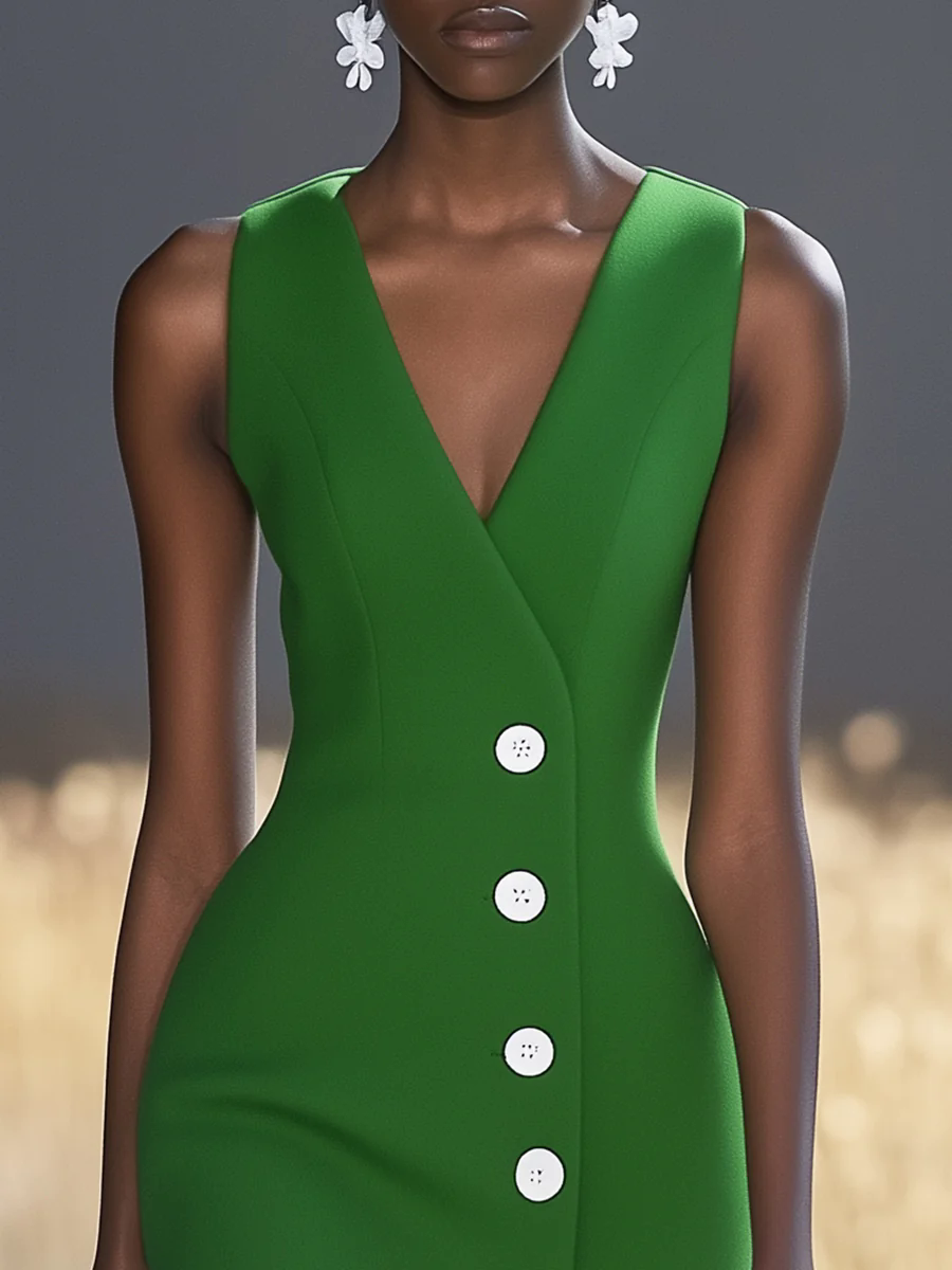 Fashionable And Elegant White Button V-neck Green Sleeveless Midi Dress