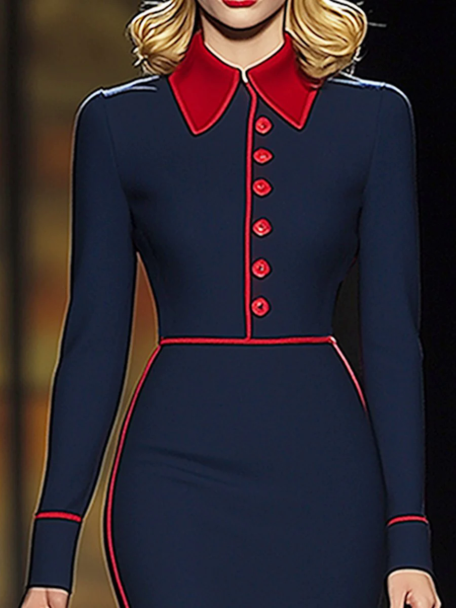 【24-hour shipping out】Elegant Retro Contrast Color Long Sleeve Midi Dress