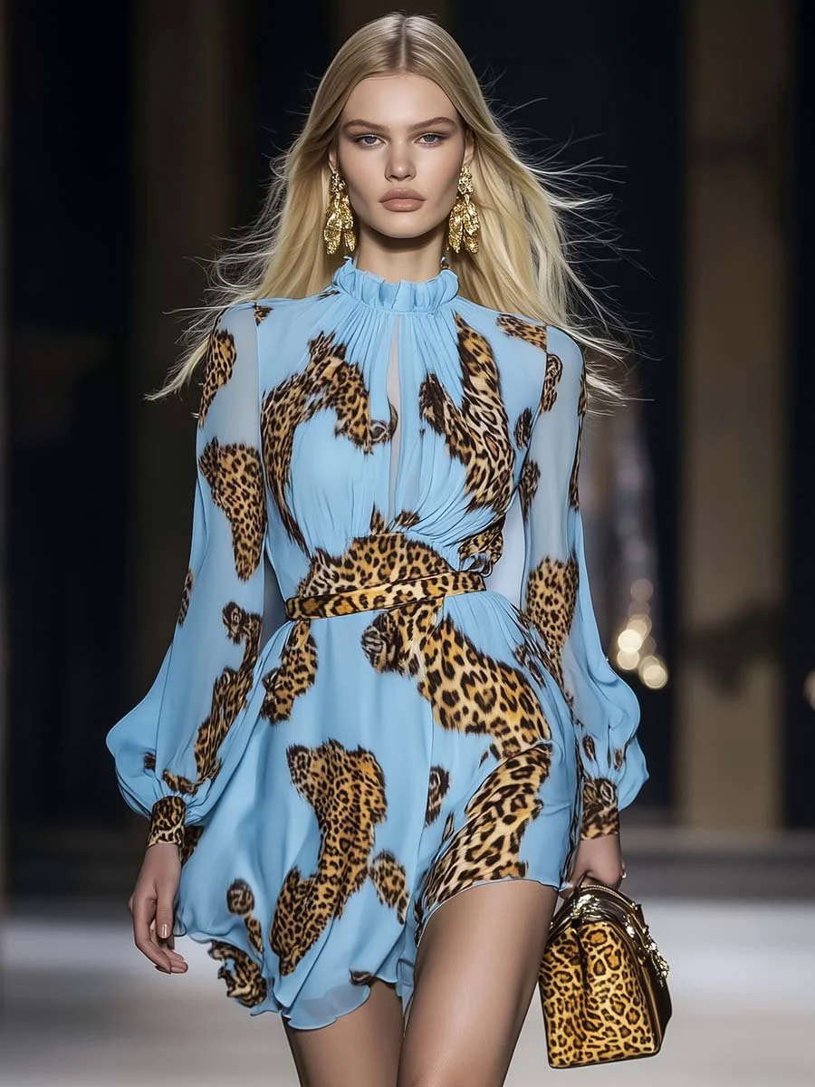 【24-hour shipping out】Elegant Personality Leopard Print Sky Blue Chiffon Mini Dress