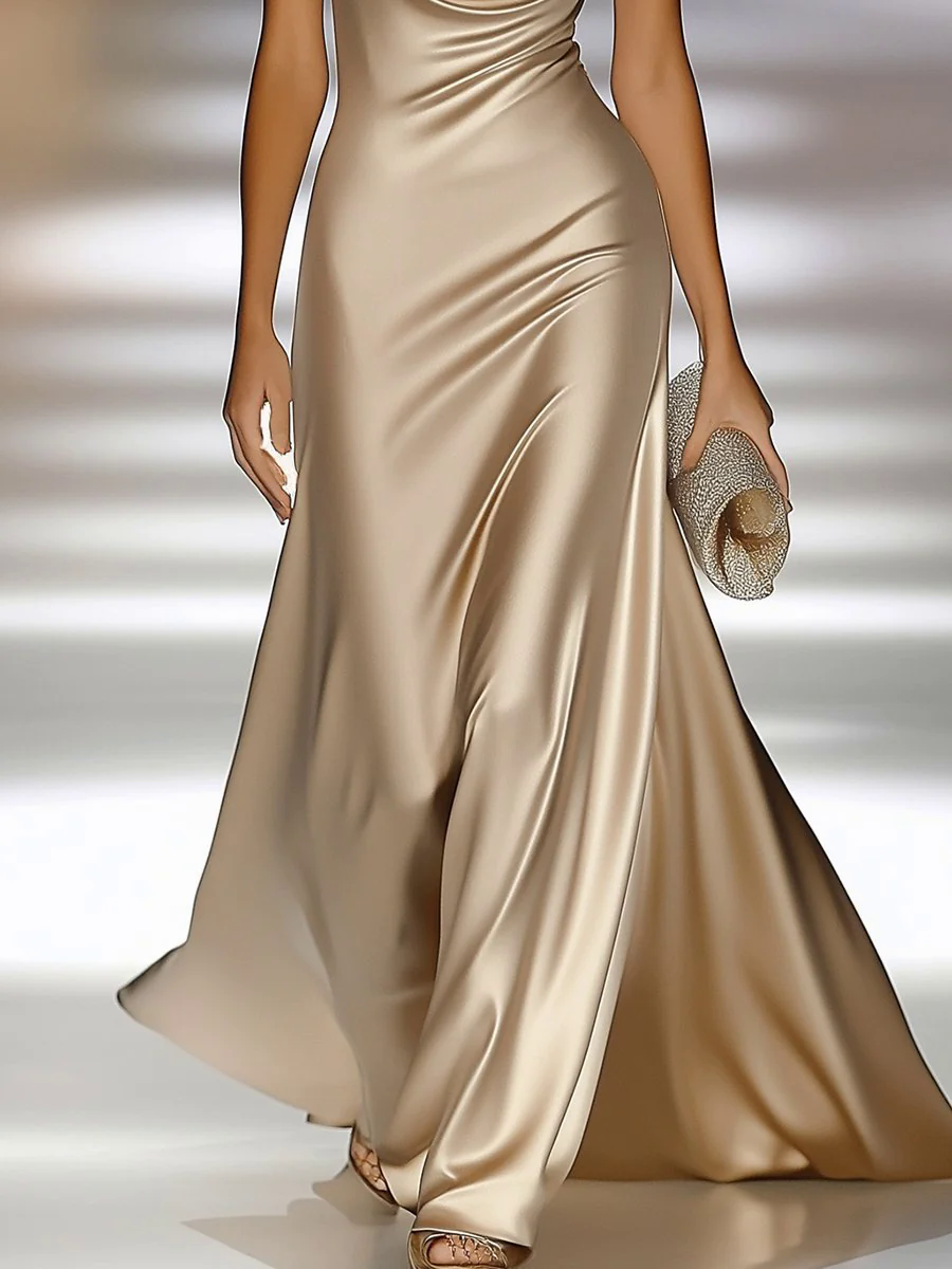 【24-hour shipping out】Elegant and Luxurious Cowl-neck Champagne Gold Satin Maxi Dress