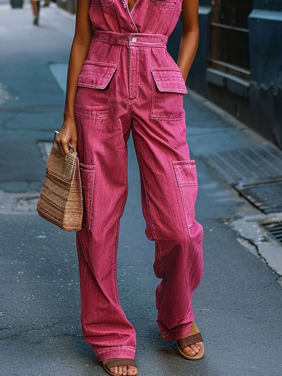 【24-hour shipping out】Casual Loose Multi-Pocket Lace-Up Retro Workwear Denim Jumpsuit