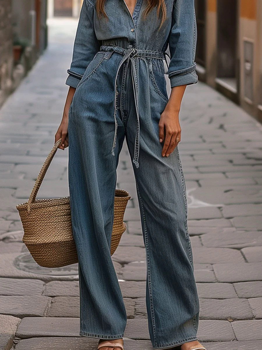 【24-hour shipping out】Casual Loose Pocket Retro Belted Long Sleeve Denim Jumpsuit
