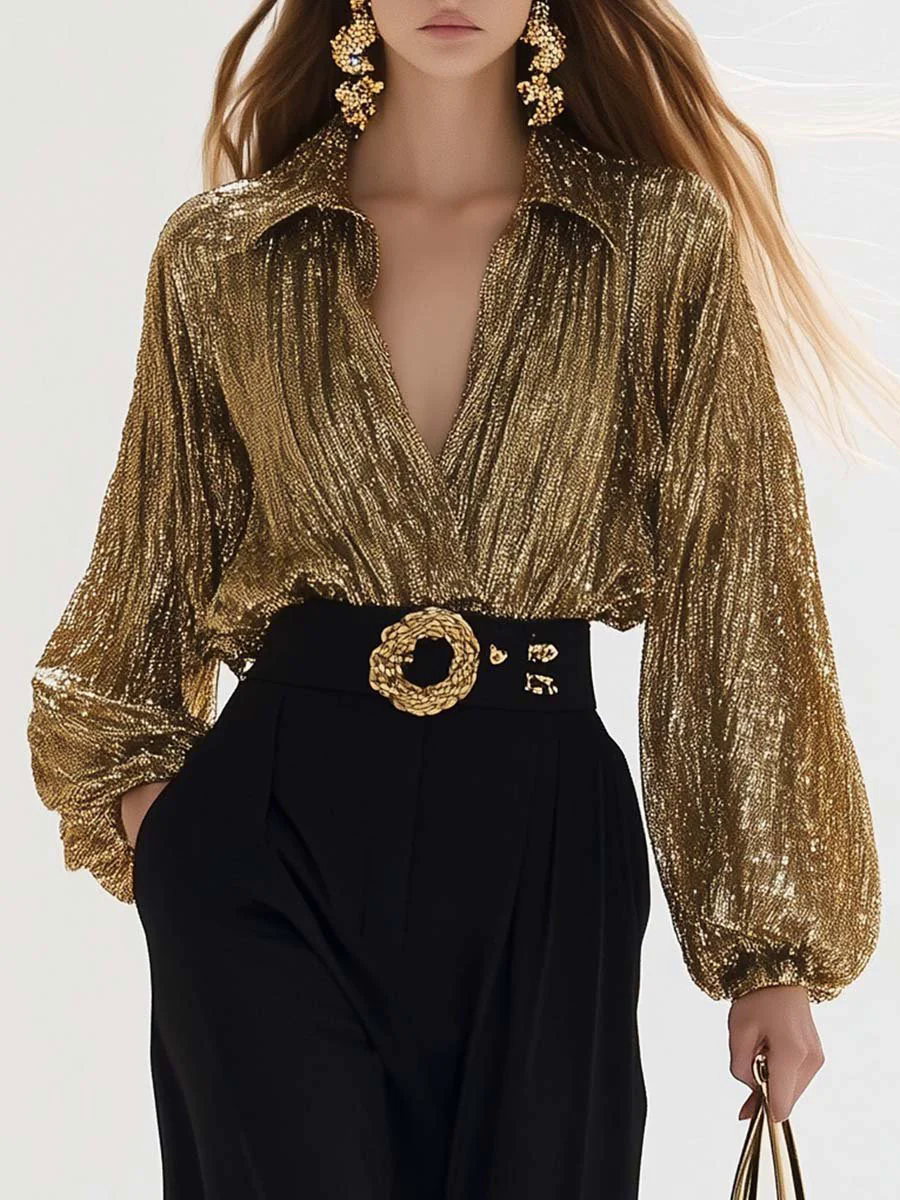 【24-hour shipping out】High-end Fashion V-neck Lantern Sleeves Gold Shiny Texture Shirt