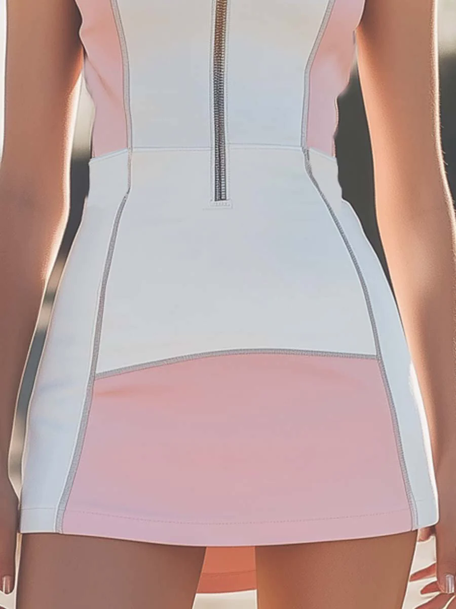 【24-hour shipping out】Spring  Summer Zipper Sports Air Layer Pink  White Splicing Mini Dress