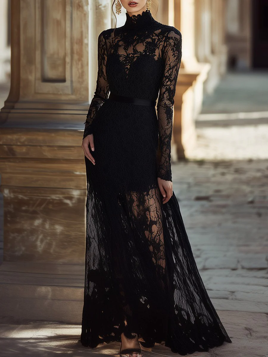 【24-hour shipping out】Elegant Unique Evening Dress High Collar Black Lace Maxi Dress