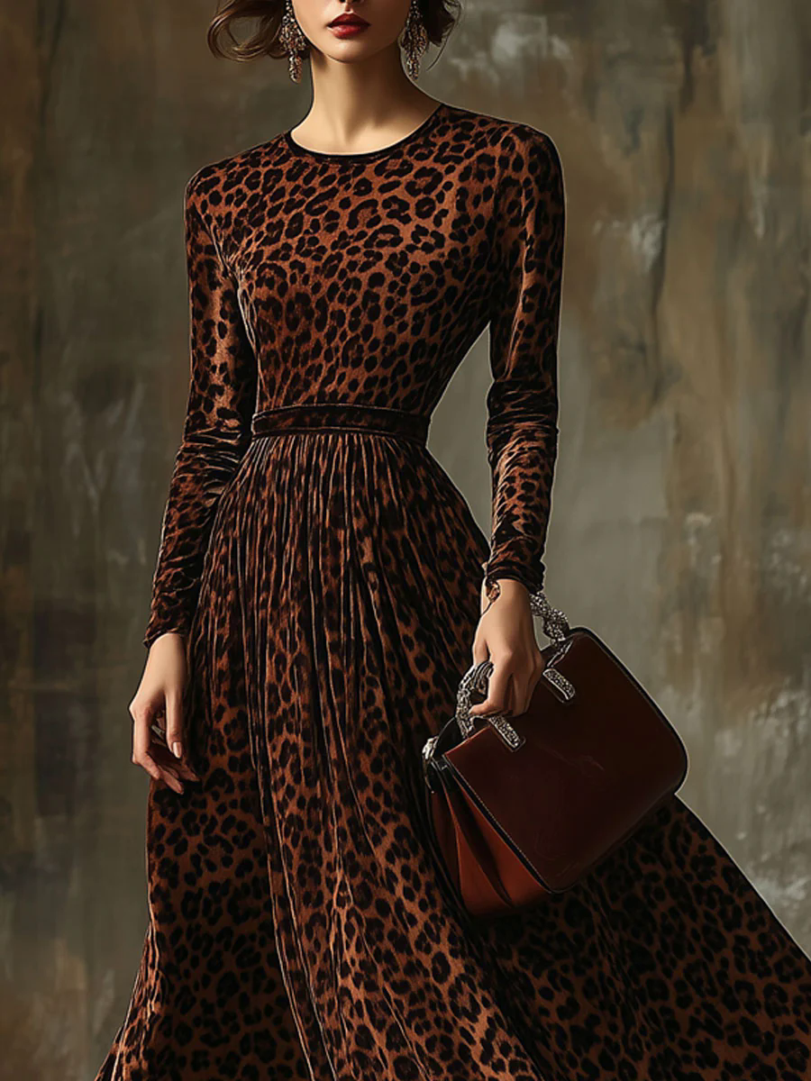 【24-hour shipping out】Casual Vintage Velvet Leopard Print Round Neck Maxi Dress